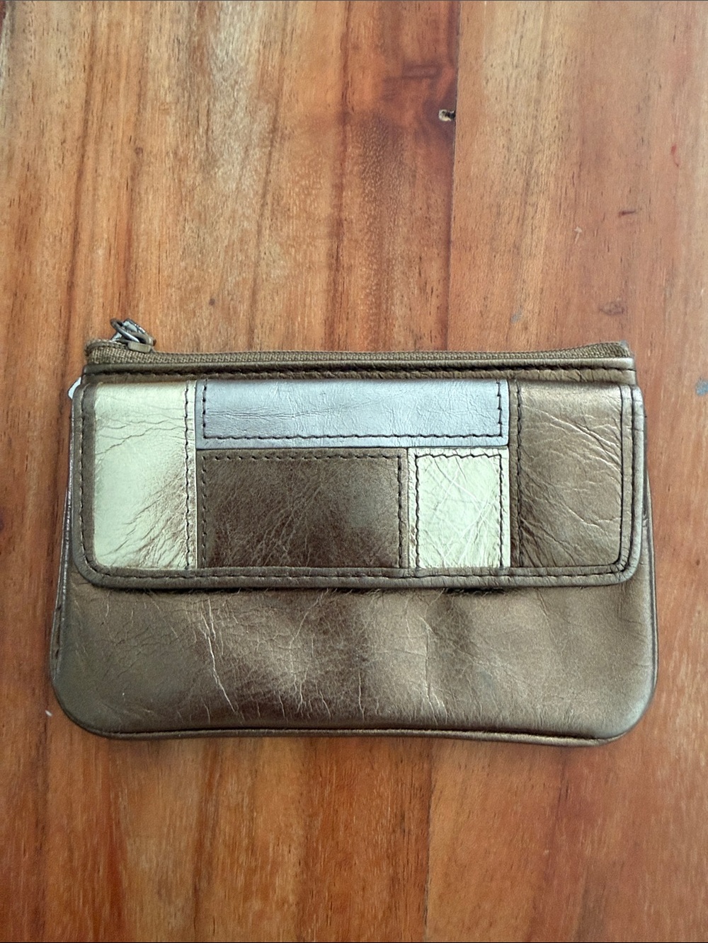 Fossil Metallic Bronze Genuine Leather Zip Wallet Keychain